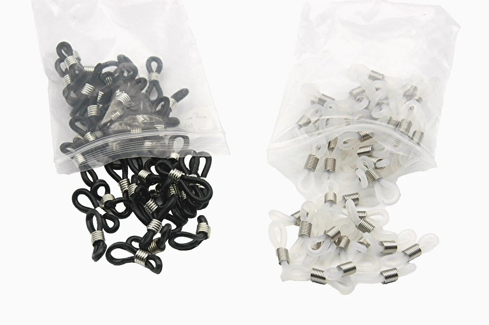 100 Eyeglass Holders Rubber Loops Ends Black & Clear 20mm Silver Platinum