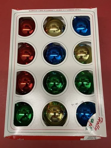 12 Glass Ornaments 2 1/4 “ Diameter Vintage Holly Brand Value Pack Box Multi