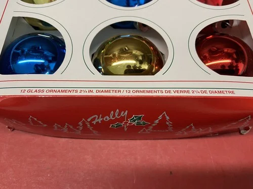12 Glass Ornaments 2 1/4 “ Diameter Vintage Holly Brand Value Pack Box Multi 2