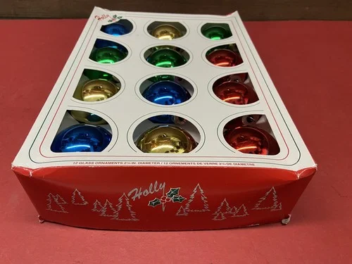 12 Glass Ornaments 2 1/4 “ Diameter Vintage Holly Brand Value Pack Box Multi 3