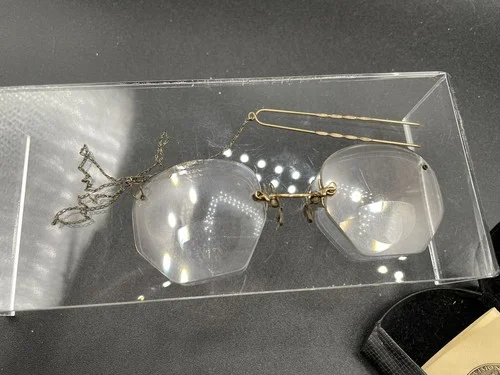 1/2 ORIGINAL PRICE antique frameless glasses w/ chain, case & Certificate of Reg 2