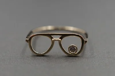 14K Solid Yellow Gold Fancy 7.2 x 16.3 mm Glasses Cubic Zirconia Thin Band Ring.