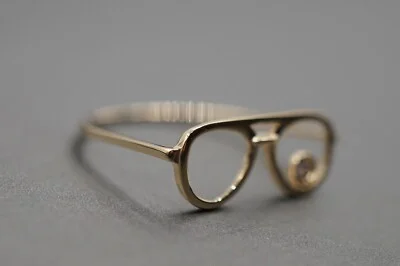 14K Solid Yellow Gold Fancy 7.2 x 16.3 mm Glasses Cubic Zirconia Thin Band Ring. 2
