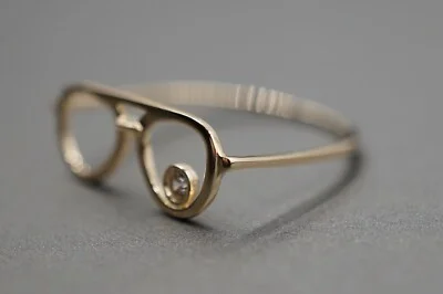 14K Solid Yellow Gold Fancy 7.2 x 16.3 mm Glasses Cubic Zirconia Thin Band Ring. 3