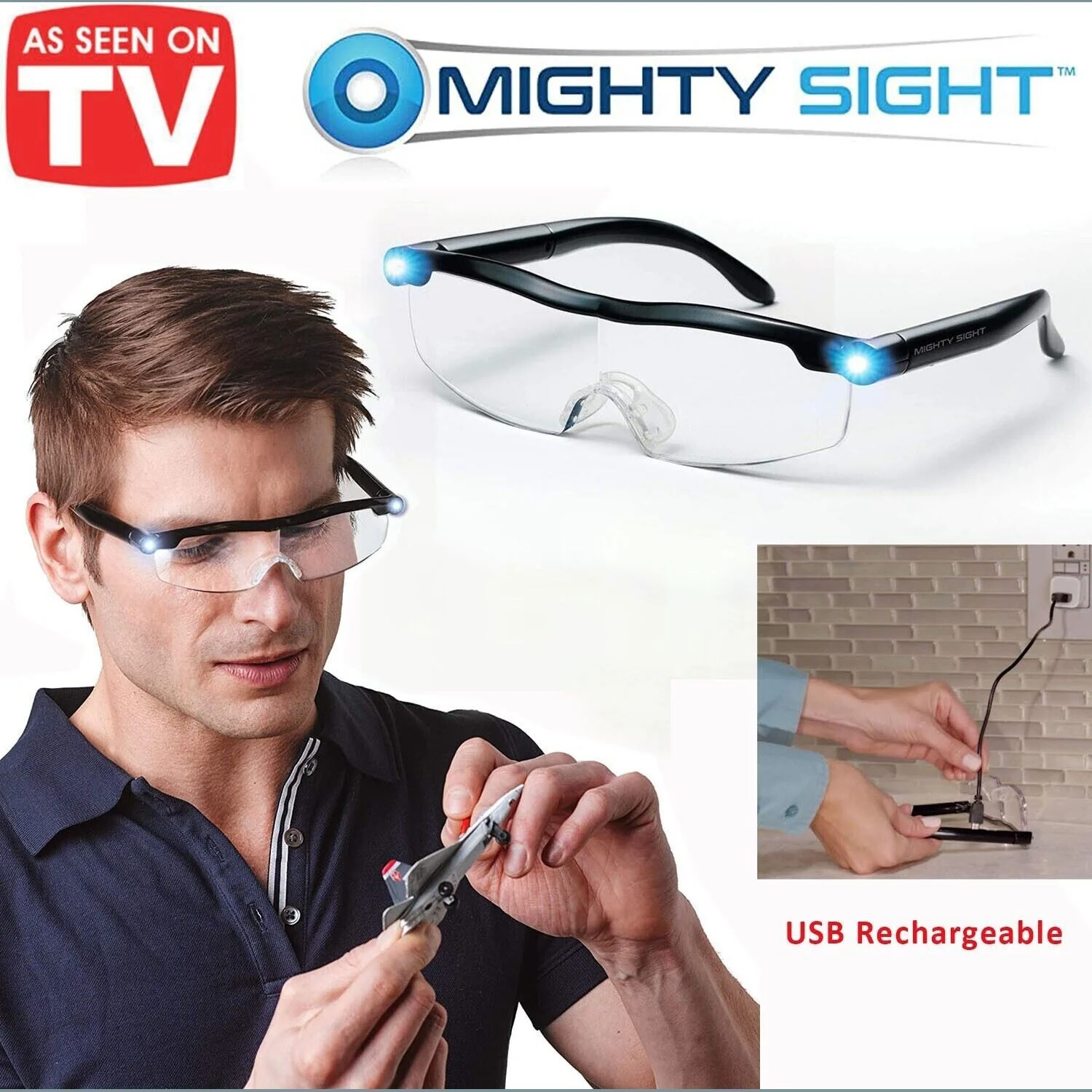 160% Mighty Sight Led Magnifying Eyewear Glasses with Rechargeable LED lights