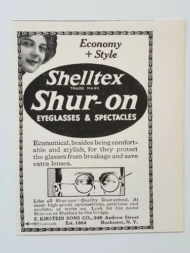 1917 Shelltex Shur-on Eyeglasses Spectacle Economy Comfort Vtg Magazine Print Ad