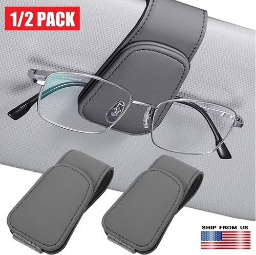 2× Car Sun Visor Magnetic Leather Sunglass Holder Eyeglass Ticket Hanger Clip US