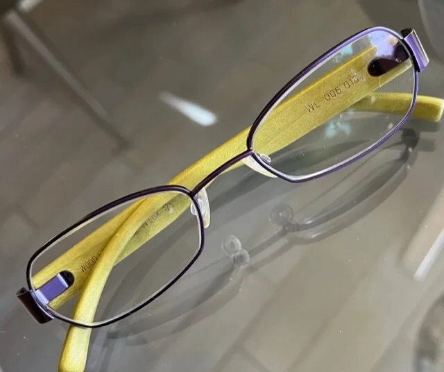 2009 WOOD LOOK Gold & Wood Eyeglasses Green Purple Eggplant Floral EXC 2