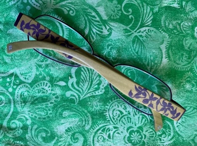 2009 WOOD LOOK Gold & Wood Eyeglasses Green Purple Eggplant Floral EXC 4