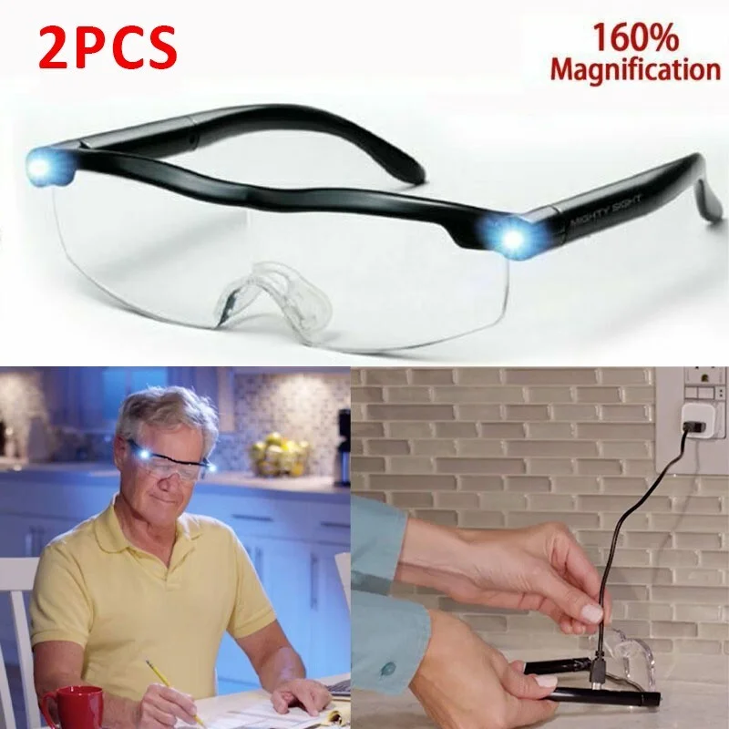 2PCS 160% Mighty Sight Led Light Magnifying Eyewear Glasses with Rechargeable
