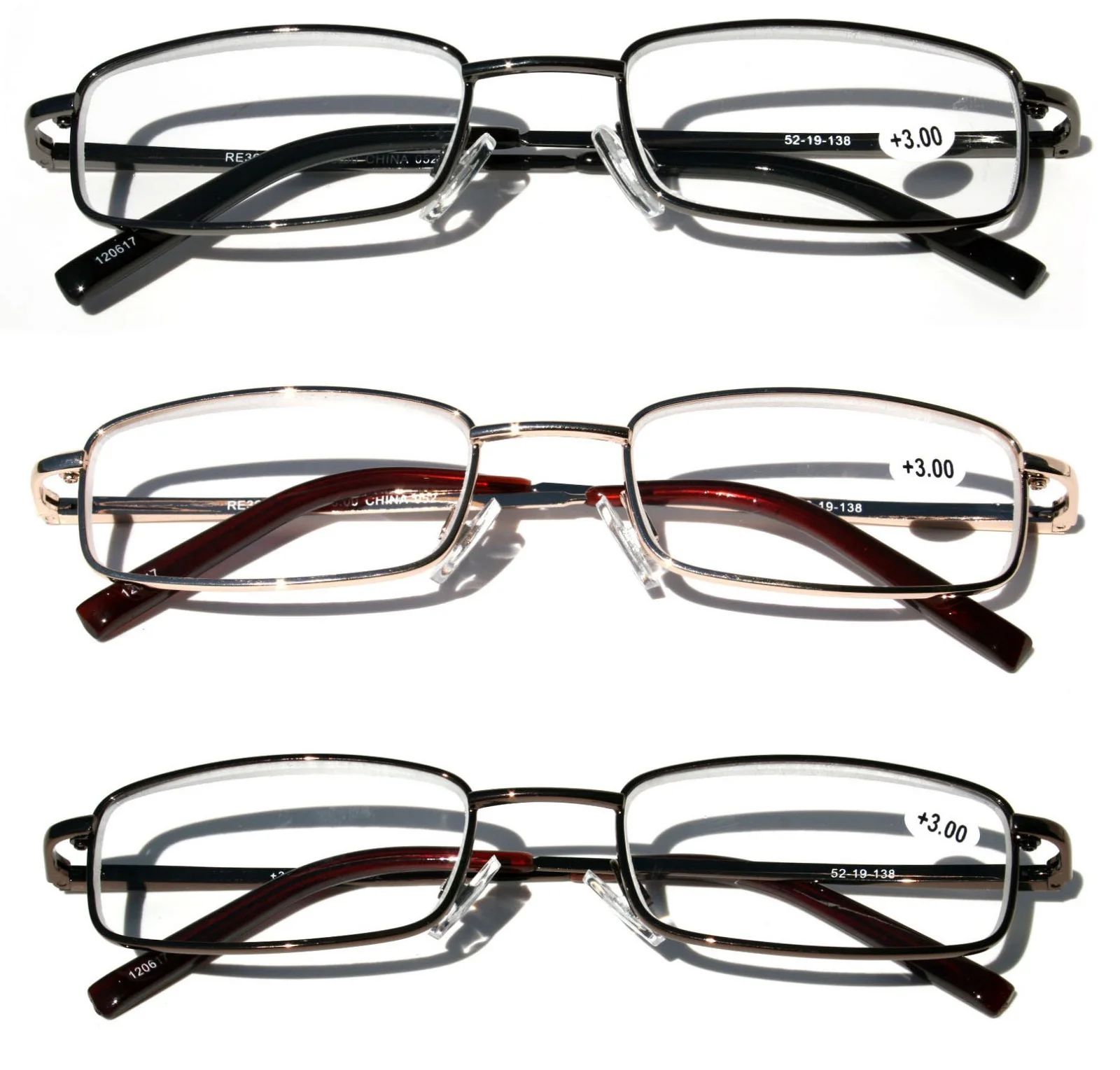 3 Pairs Slim Metal Rectangular Reading Glasses Spring Hinge High Power Reader 2