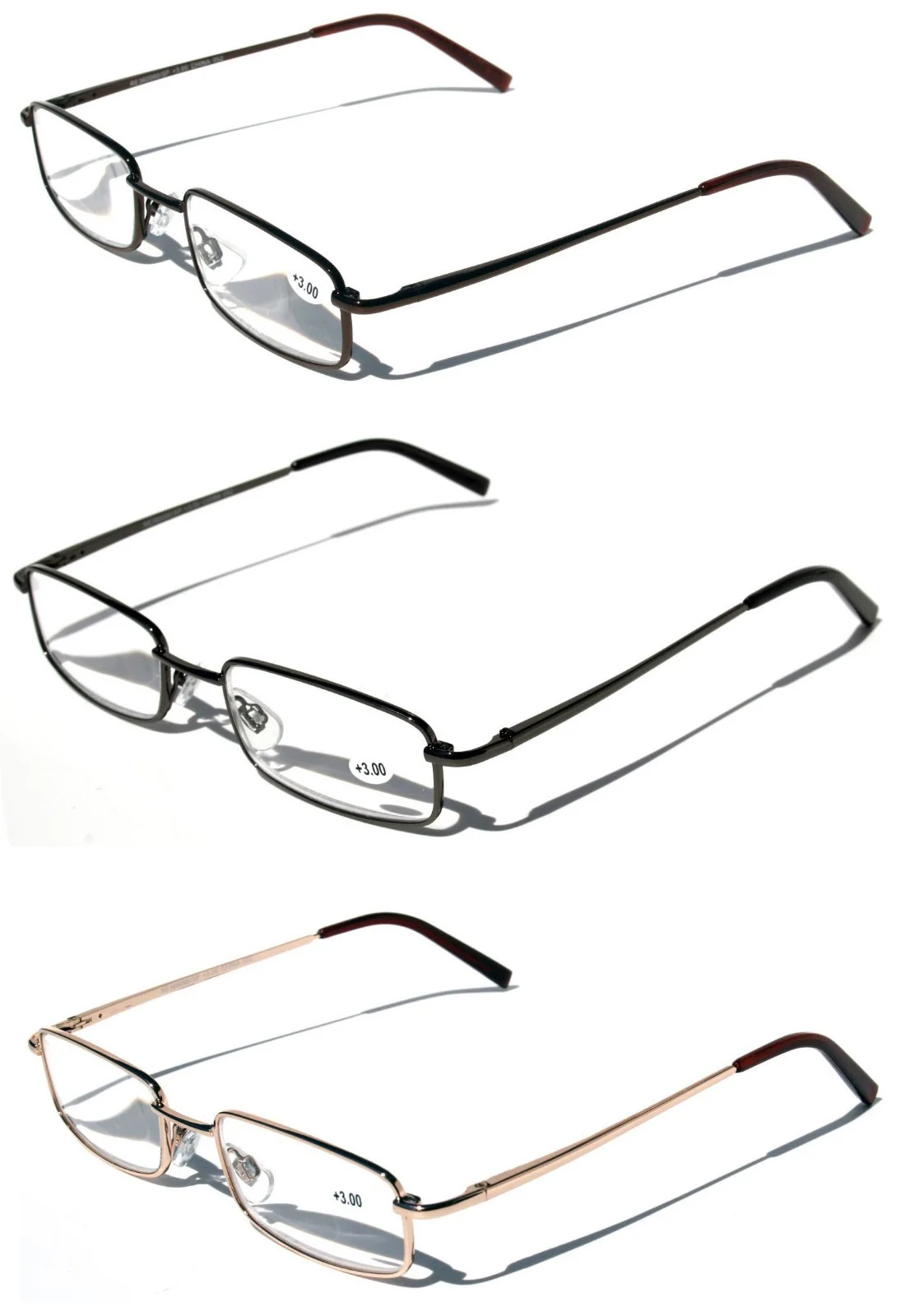 3 Pairs Slim Metal Rectangular Reading Glasses Spring Hinge High Power Reader 3