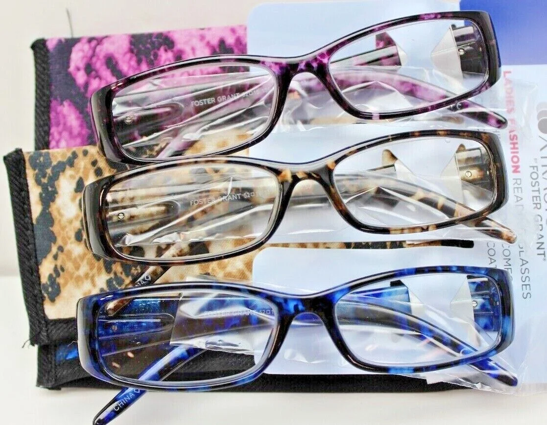 3 Pk, Foster Grant Reading Glasses w/ Case Ladies Clancy +1.75(E) M86F 2