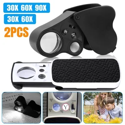 30X 60X 90X Magnifying Jewelry Eye Glass Pocket Magnifier LED Light Jeweler Loop