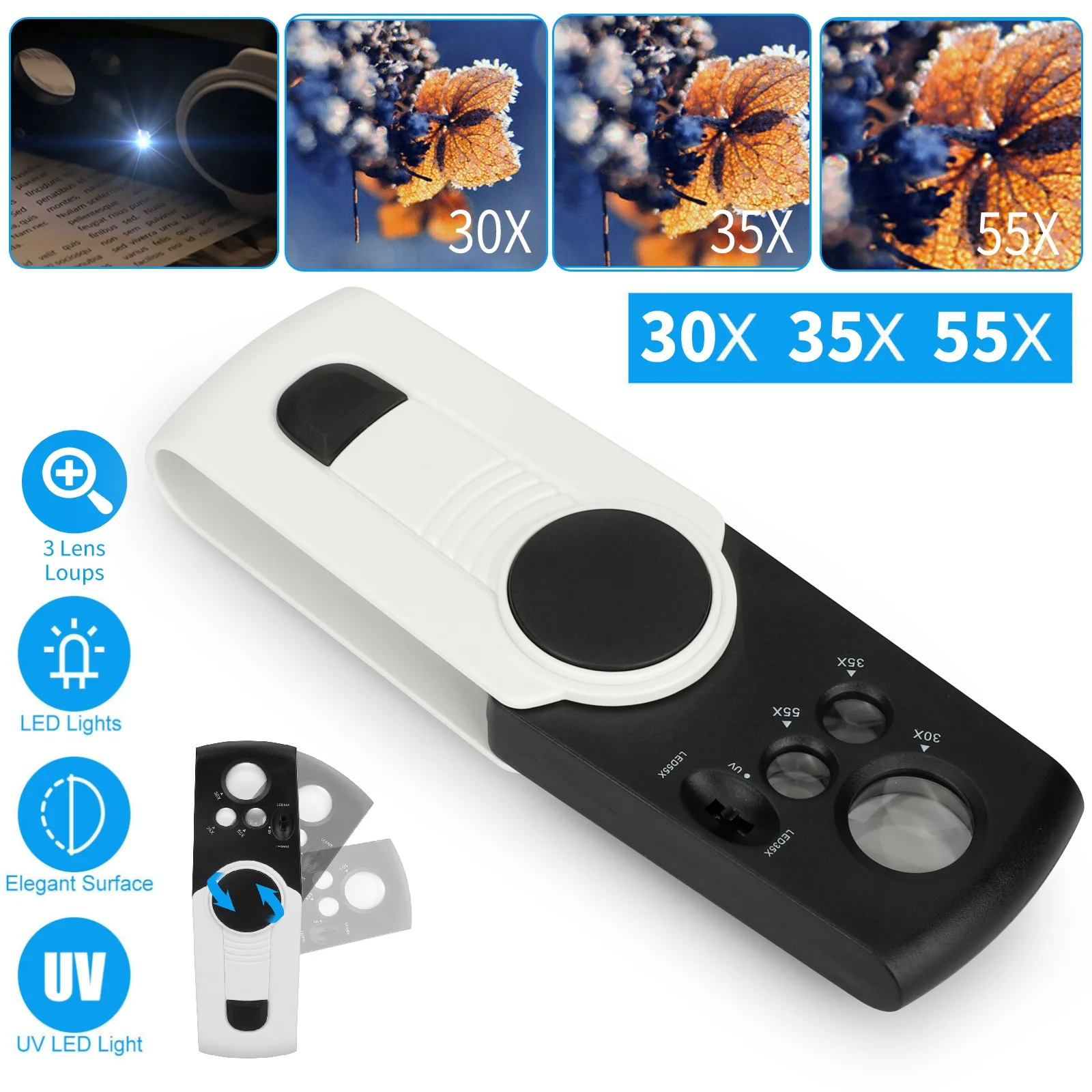 30X 60X 90X Magnifying Jewelry Eye Glass Pocket Magnifier LED Light Jeweler Loop 2