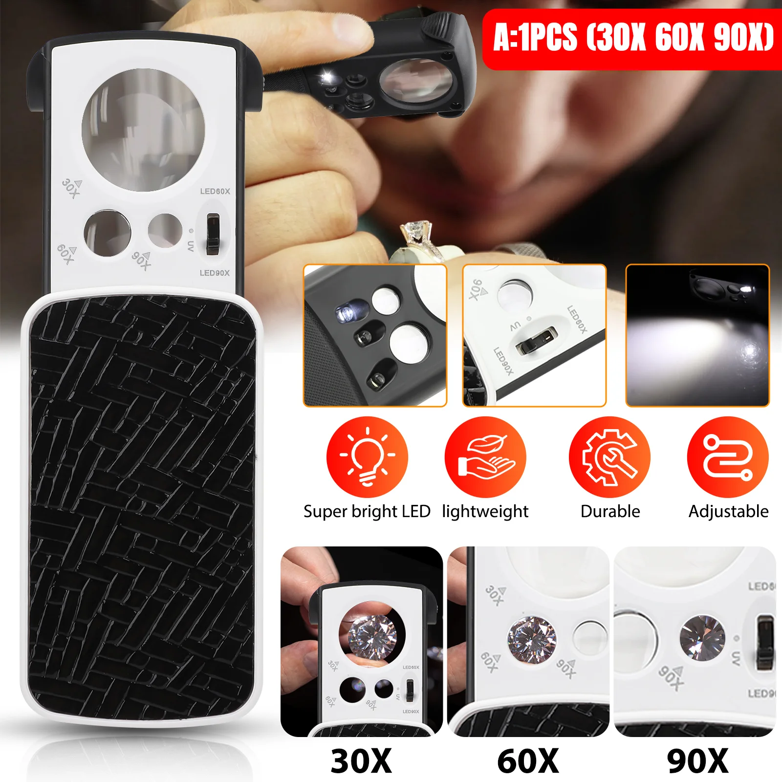 30X 60X 90X Magnifying Jewelry Eye Glass Pocket Magnifier LED Light Jeweler Loop 3