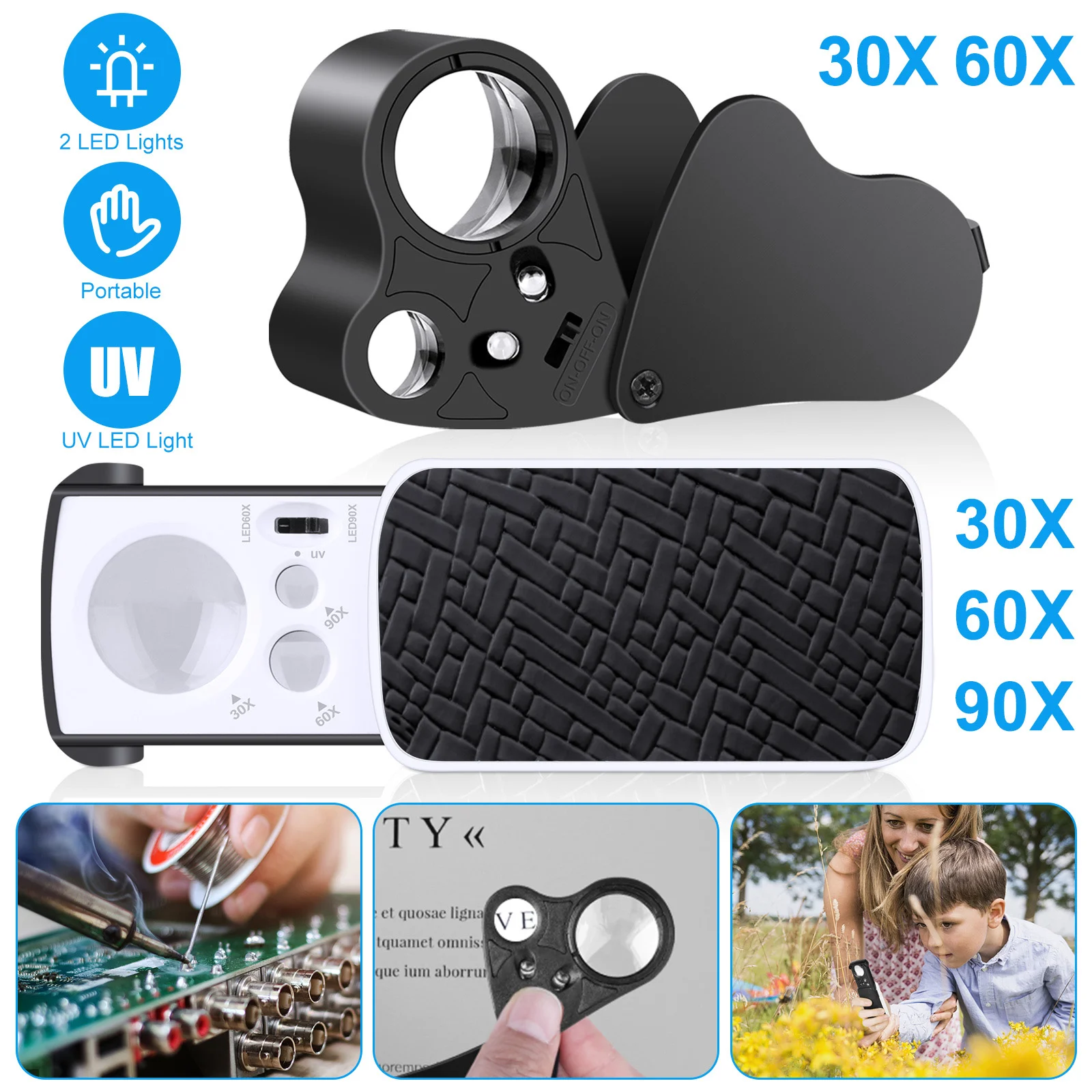 30X 60X 90X Magnifying Jewelry Eye Glass Pocket Magnifier LED Light Jeweler Loop 4