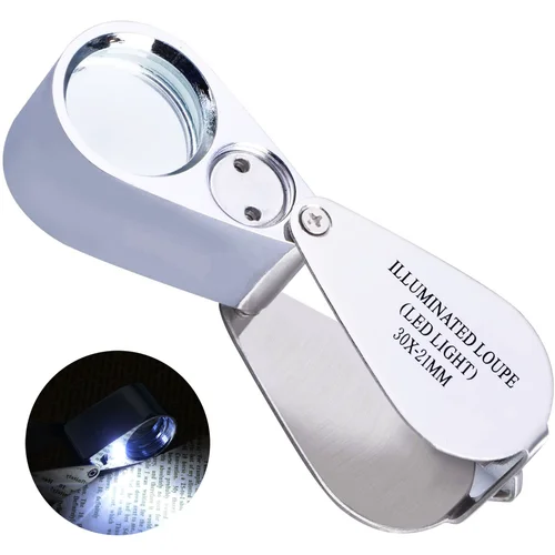 30X Jewelers Loupe Magnifying Jewelry Loop Magnifier Light LED Pocket Eye Glass