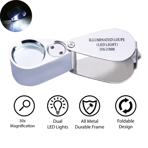 30X Jewelers Loupe Magnifying Jewelry Loop Magnifier Light LED Pocket Eye Glass 2