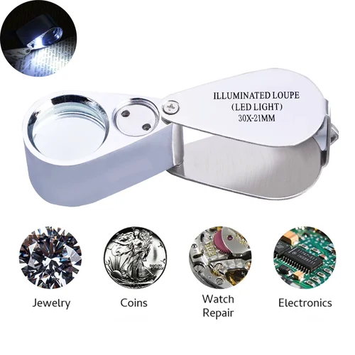 30X Jewelers Loupe Magnifying Jewelry Loop Magnifier Light LED Pocket Eye Glass 3