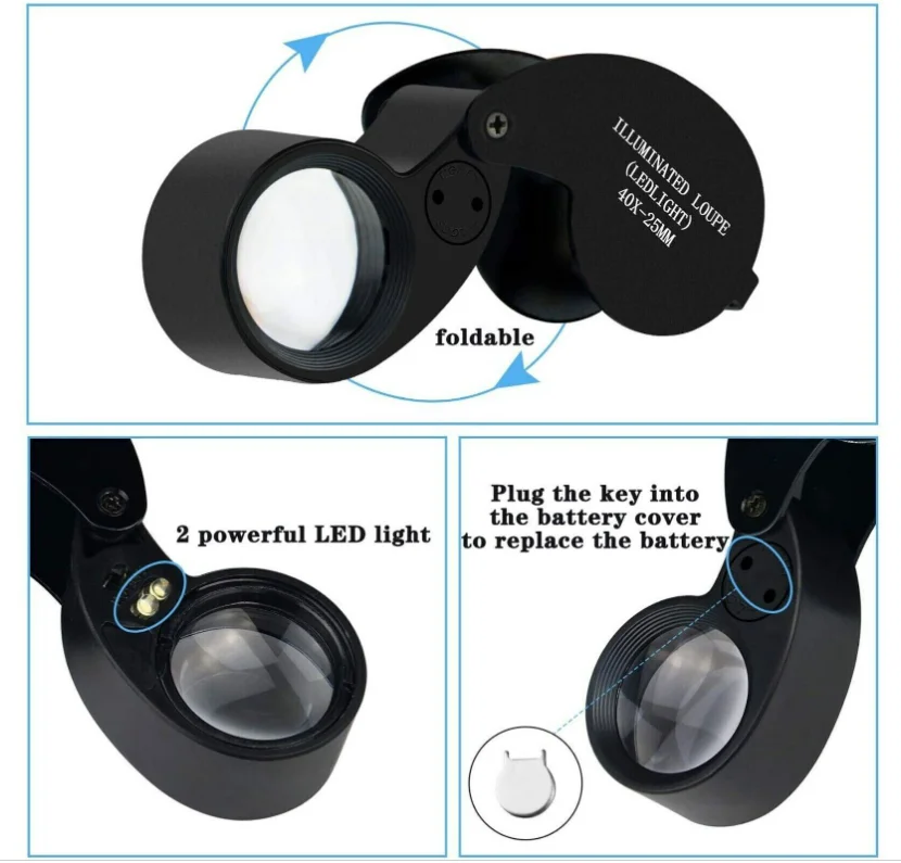 40X Magnifying Loupe Jewelry Eye Glass Magnifier LED Light Jewelers Loop Pocket