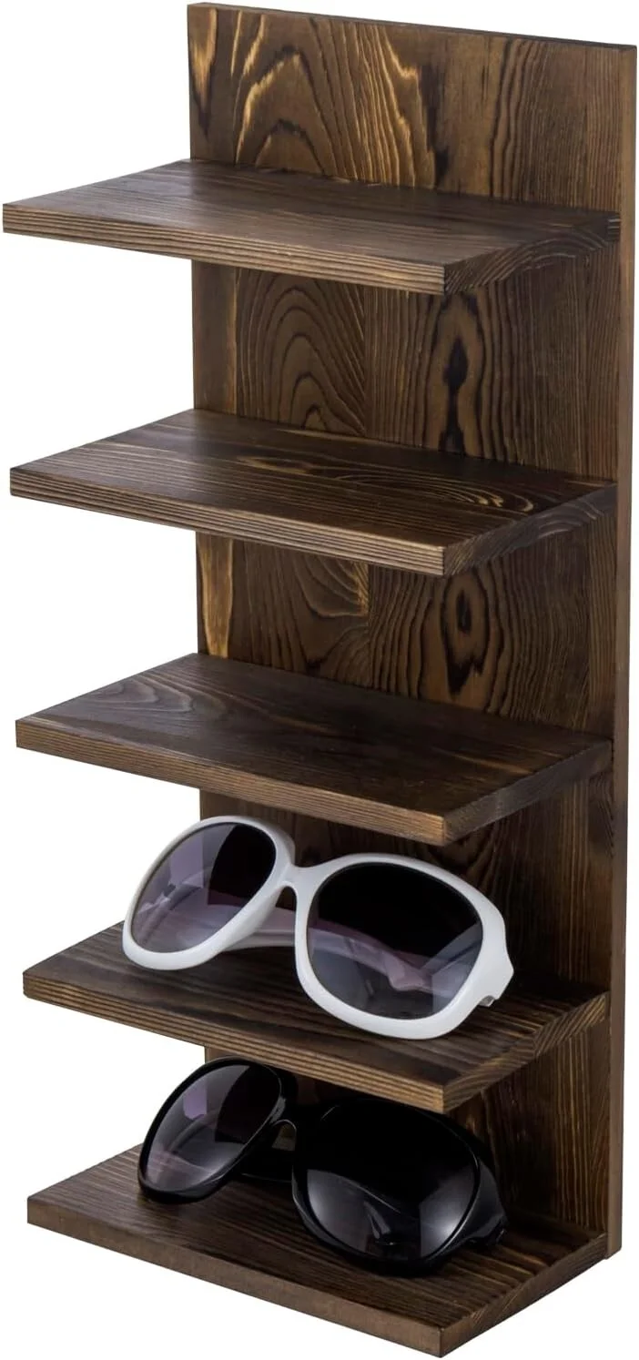 5 Tier Wood Sunglasses Holder Rack, Wall Mounted Eye Glasses Storage Organizer