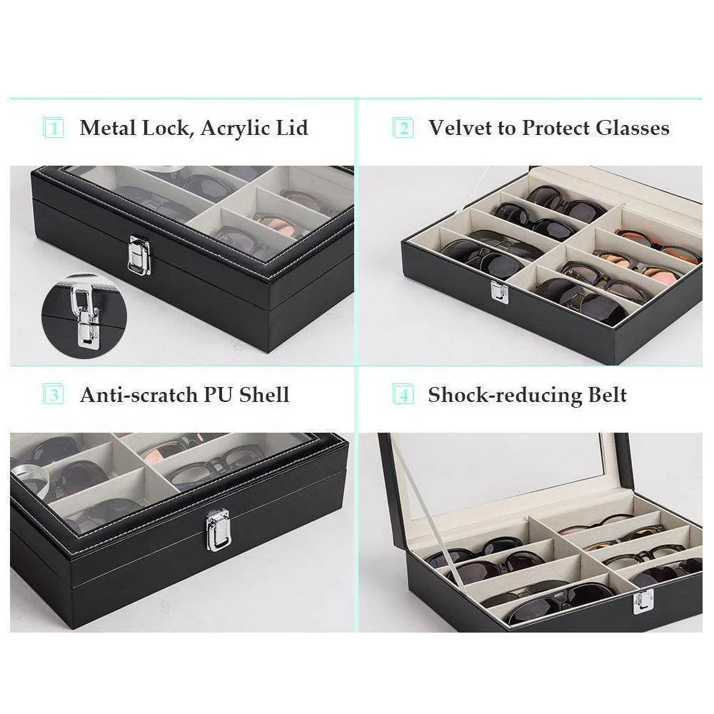 8 12 18 Slot PU Display Storage Case Box Organizer For Sunglasses Eyeglasse 4