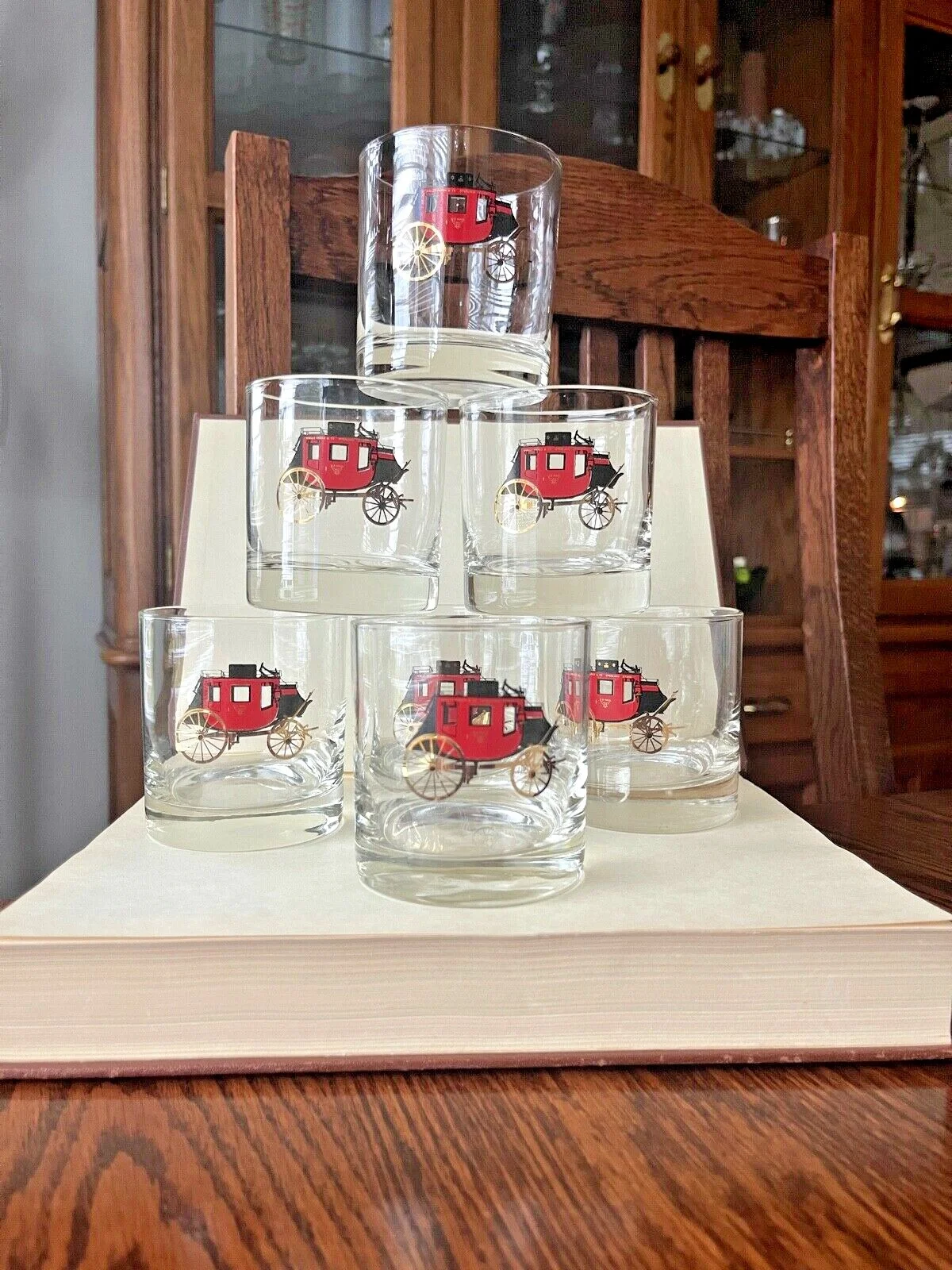 8 Vintage Wells Fargo Stagecoach Glass Lowball Man Cave Barware Rare
