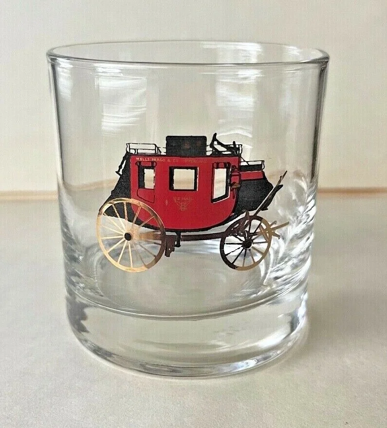 8 Vintage Wells Fargo Stagecoach Glass Lowball Man Cave Barware Rare 2
