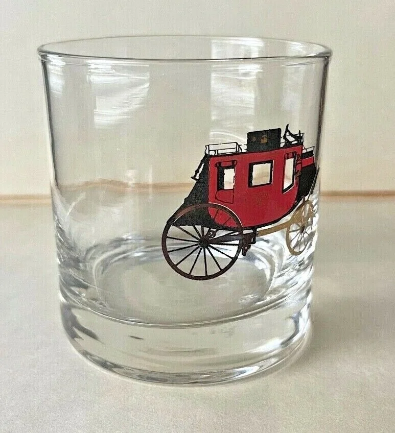 8 Vintage Wells Fargo Stagecoach Glass Lowball Man Cave Barware Rare 3