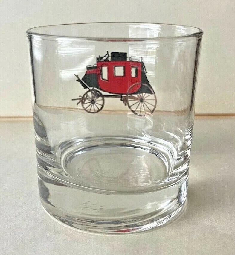8 Vintage Wells Fargo Stagecoach Glass Lowball Man Cave Barware Rare 4