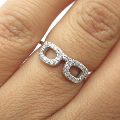 925 Sterling Silver White C Z Eyeglasses Ring Size 4.75