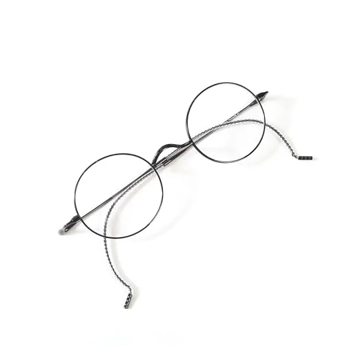 Agstum Retro Round Titanium Optical Eyeglasses Frame, Lightweight Wire Rim Glasses with Cable Temples, No Nose Pads (Black) 4