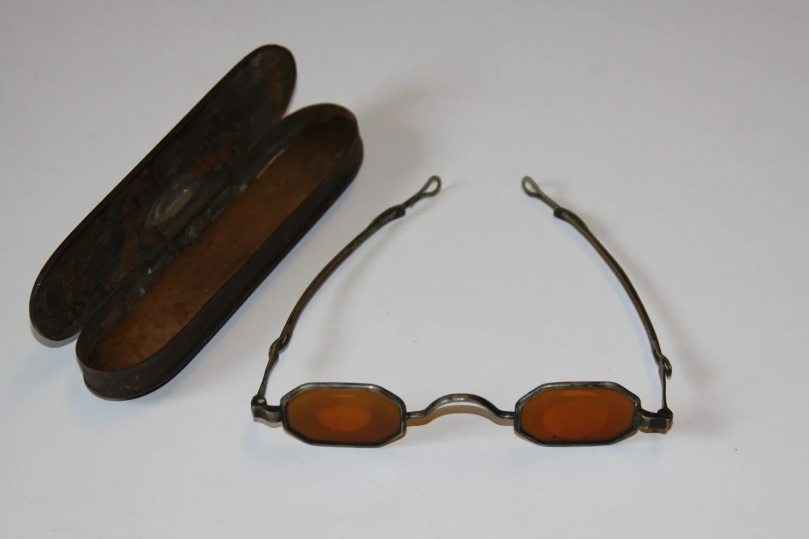 Antique 19th Century Adjustable Glasses Amber Lenses with Metal Carry Case