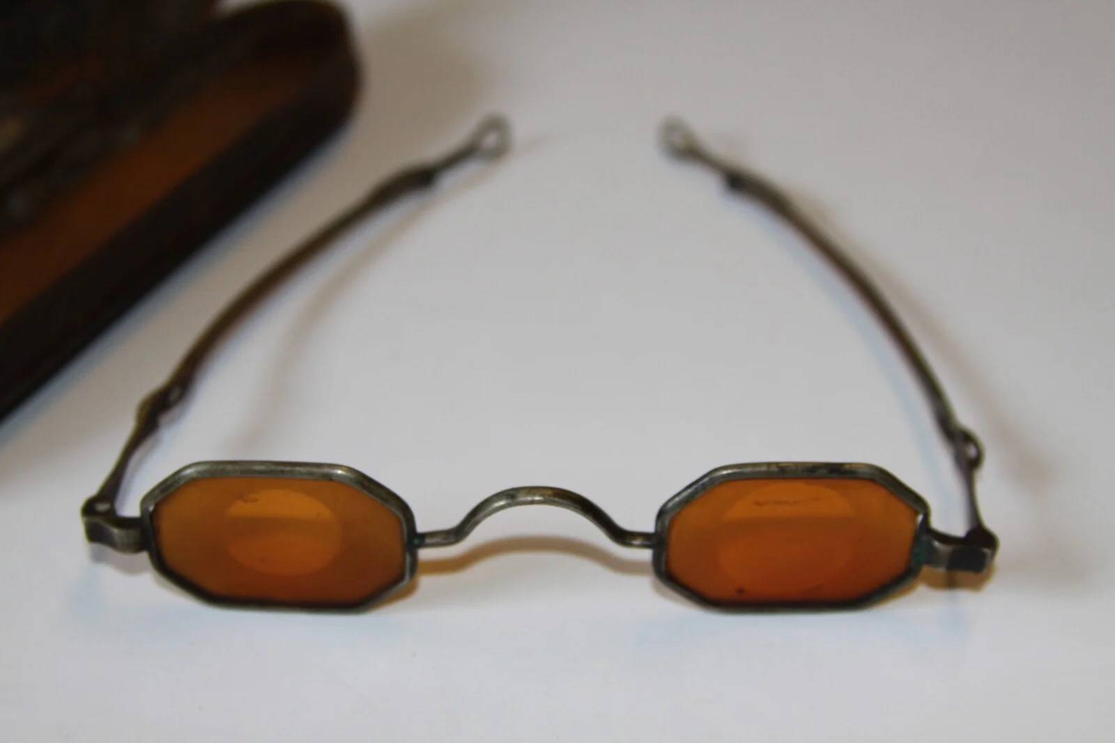 Antique 19th Century Adjustable Glasses Amber Lenses with Metal Carry Case 2