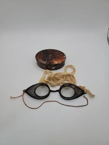 Antique 19th Century Wire Mesh Safety Glasses with Oval Tin Case.