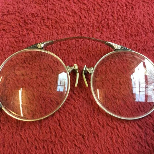 ANTIQUE GOLD HARD BRIDGE PINCE NEZ EYEGLASSES RIMLESS OVAL READING