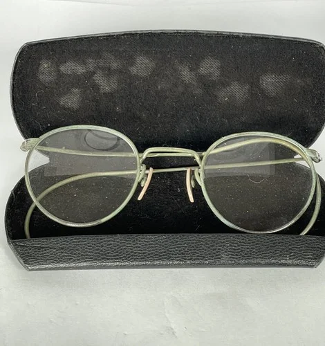 Antique Round Vintage Silver Spectacles Eyeglasses Frames Cable Temples Case