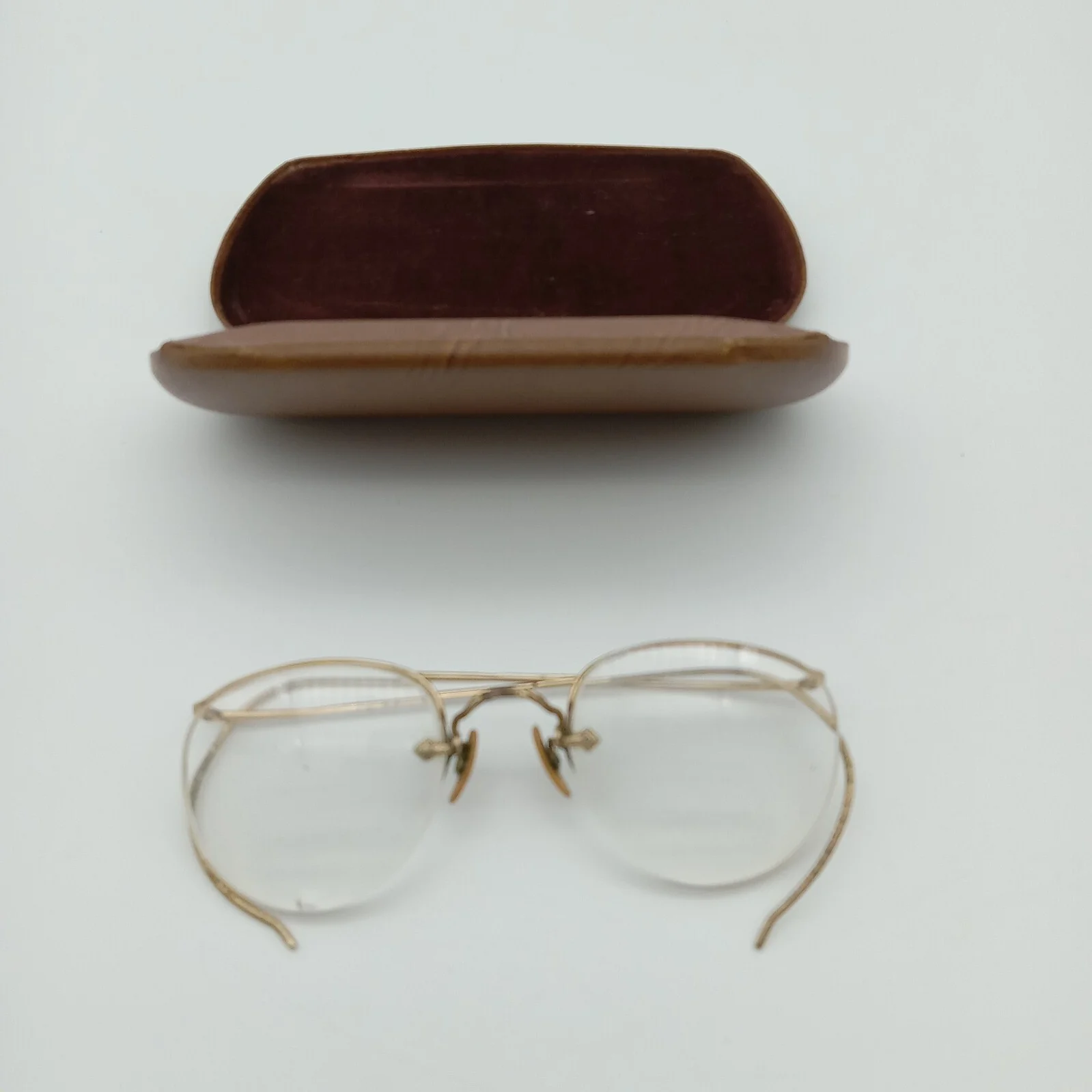 Antique Trifocal Eyeglasses 12k Gold Fill GF Leather Case Complete Rimless CHIP