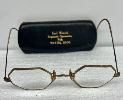 Antique Vtg Shuron Octagon Shaped Eyeglasses / Spectacles & Case - Wetzel Bros.