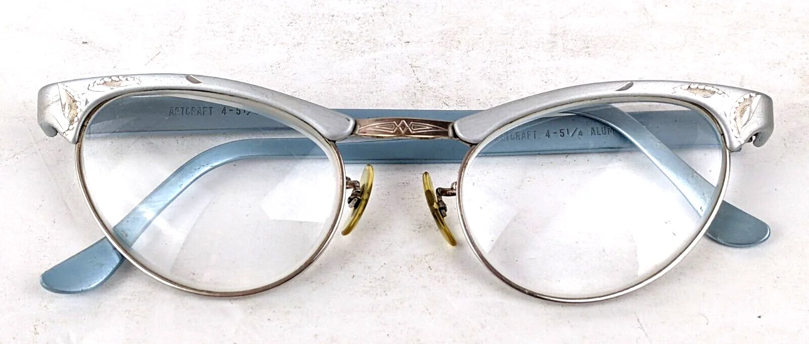 ArtCraft 1950s Cat Eye Eyeglasses Aluminum Engraved Silver & Powder Blue 12k GF