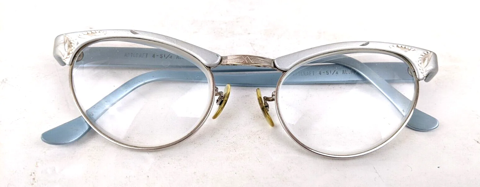 ArtCraft 1950s Cat Eye Eyeglasses Aluminum Engraved Silver & Powder Blue 12k GF 2