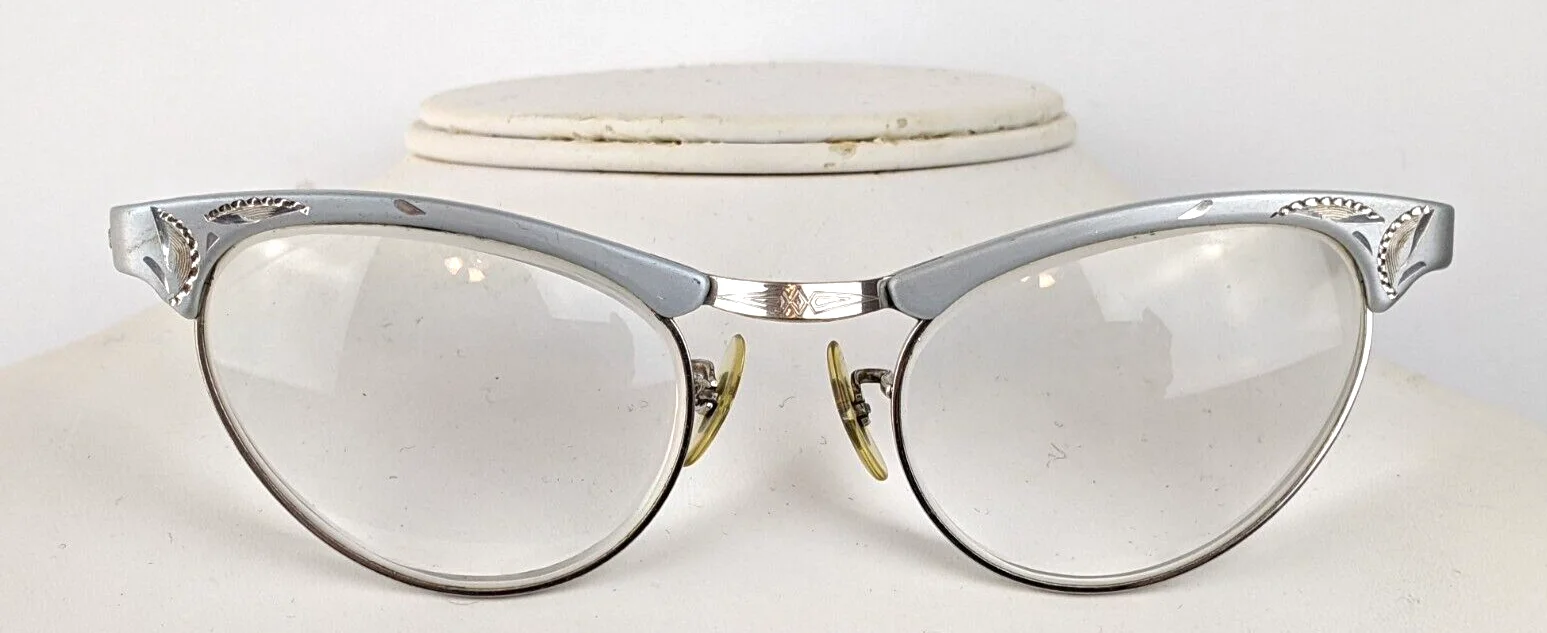 ArtCraft 1950s Cat Eye Eyeglasses Aluminum Engraved Silver & Powder Blue 12k GF 4