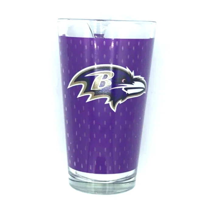 BALTIMORE RAVENS 16 OZ TEAM LOGO JERSEY PRINT PINT GLASS FROM HUNTER