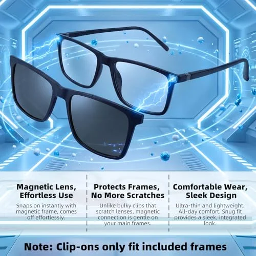 Bauhaus Magnetic Clip on Sunglasses for Men & Women Polarized UV Protection Retro Square Eyeglasses Fit Over Night Driving 2