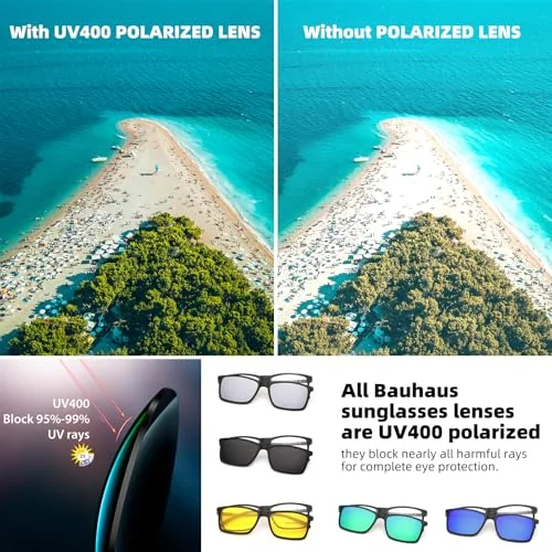 Bauhaus Magnetic Clip on Sunglasses for Men & Women Polarized UV Protection Retro Square Eyeglasses Fit Over Night Driving 3