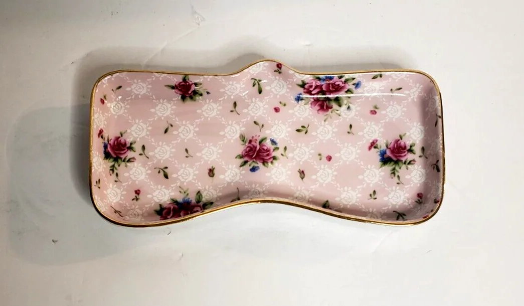 Bella Casa by Ganz Ceramic Eyeglasses Holder Tray Pink Floral Chintz Country