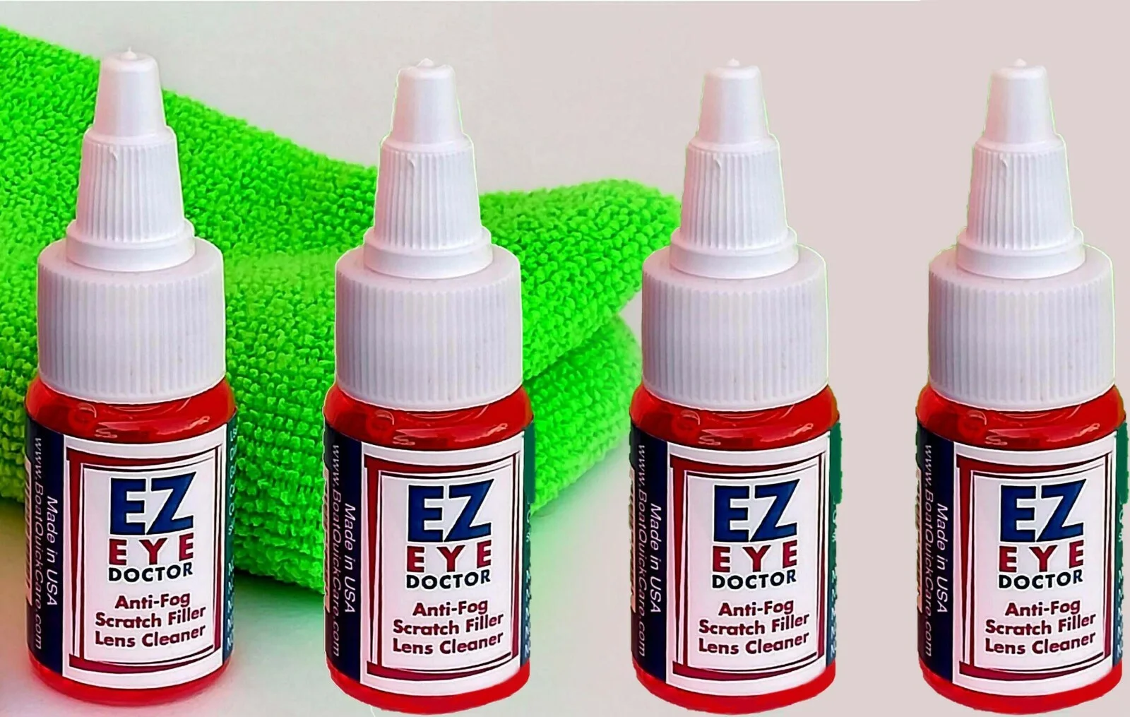 BEST Ez EYE GLASSES CLEANER 4 Bottles 0.5 oz + CLOTH SCRATCH FILLER ANTIFOG