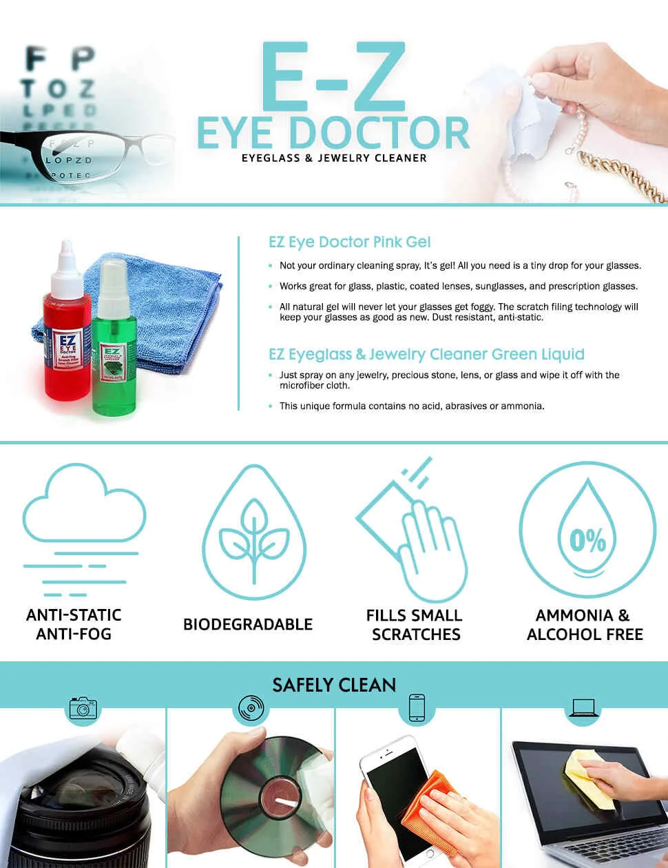 BEST Ez EYE GLASSES CLEANER 4 Bottles 0.5 oz + CLOTH SCRATCH FILLER ANTIFOG 3