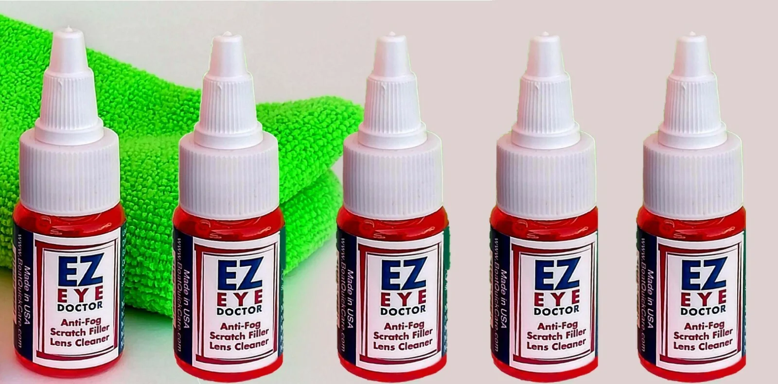 BEST Ez EYE GLASSES CLEANER 5 Bottles 0.5 oz + CLOTH SCRATCH FILLER ANTIFOG